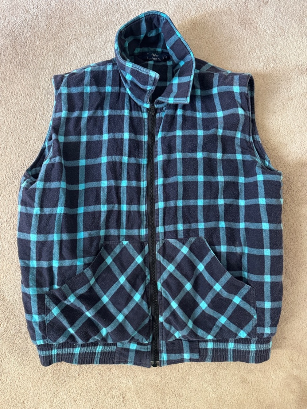 Plaid Fleece Zip-Up Vest in Navy and Teal